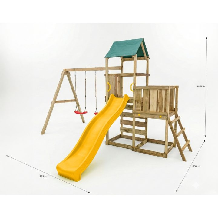 Parque infantil de madera Maxplay 3.1 con torre, tobogán amarillo, doble columpio y arenero