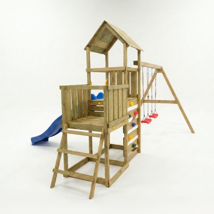 Juego de jardín de madera Maxplay 3.2 con tobogán azul, torre, escalada y doble columpio