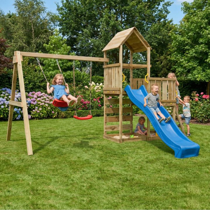 Juego de jardín de madera Maxplay 3.2 con tobogán azul, torre, escalada y doble columpio