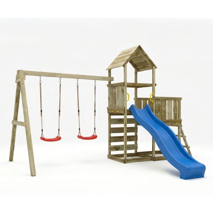 Juego de jardín de madera Maxplay 3.2 con tobogán azul, torre, escalada y doble columpio