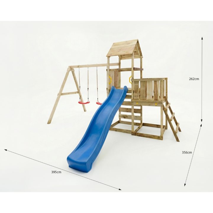 Juego de jardín de madera Maxplay 3.2 con tobogán azul, torre, escalada y doble columpio