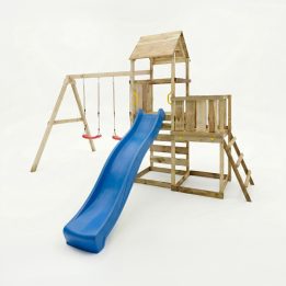 Juego de jardín de madera Maxplay 3.2 con tobogán azul, torre, escalada y doble columpio