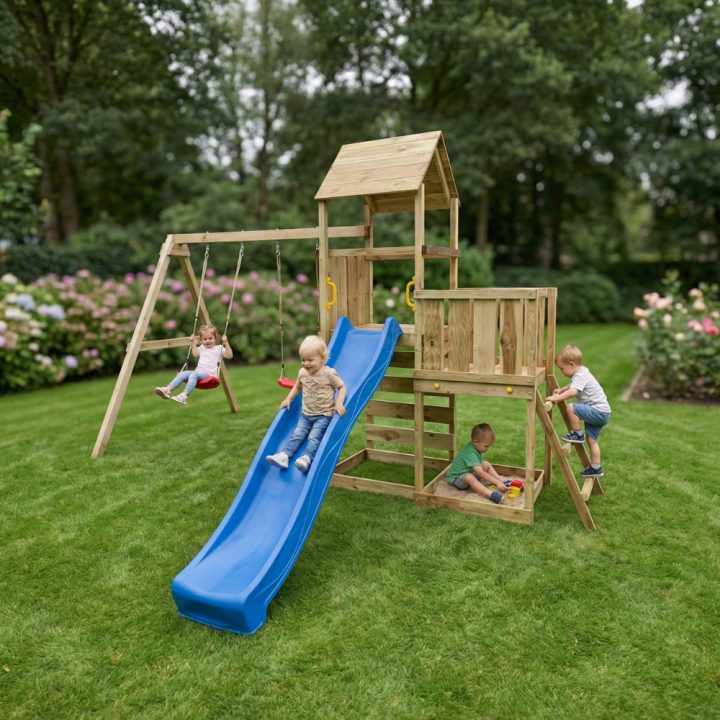 Juego de jardín de madera Maxplay 3.2 con tobogán azul, torre, escalada y doble columpio