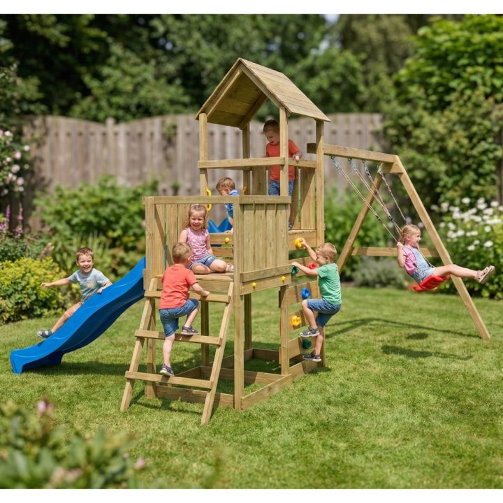 Juego de jardín de madera Maxplay 3.2 con tobogán azul, torre, escalada y doble columpio