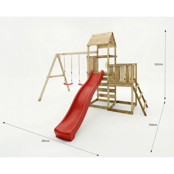 Juego de jardín de madera Maxplay 3.2 con tobogán rojo, torre, escalada y doble columpio