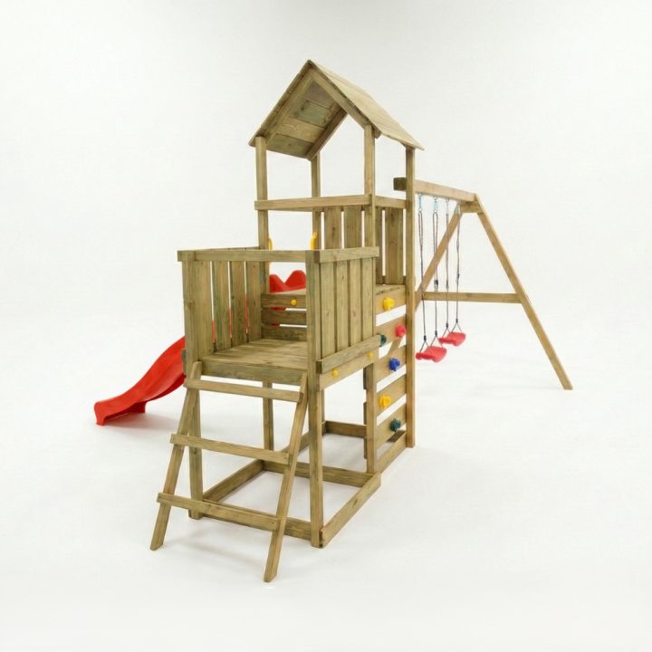 Juego de jardín de madera Maxplay 3.2 con tobogán rojo, torre, escalada y doble columpio