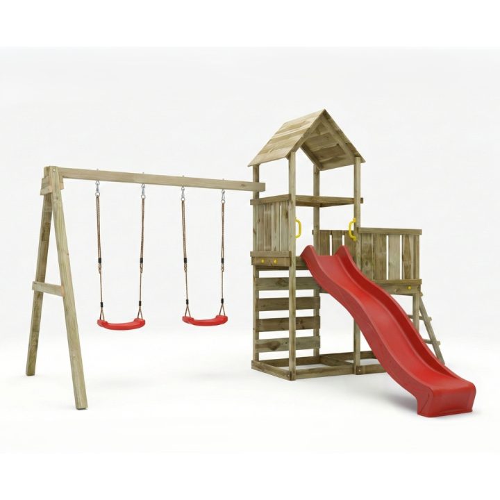 Juego de jardín de madera Maxplay 3.2 con tobogán rojo, torre, escalada y doble columpio