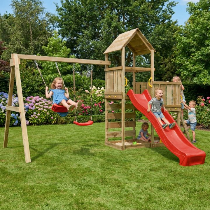 Juego de jardín de madera Maxplay 3.2 con tobogán rojo, torre, escalada y doble columpio