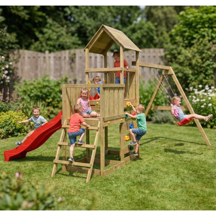 Juego de jardín de madera Maxplay 3.2 con tobogán rojo, torre, escalada y doble columpio