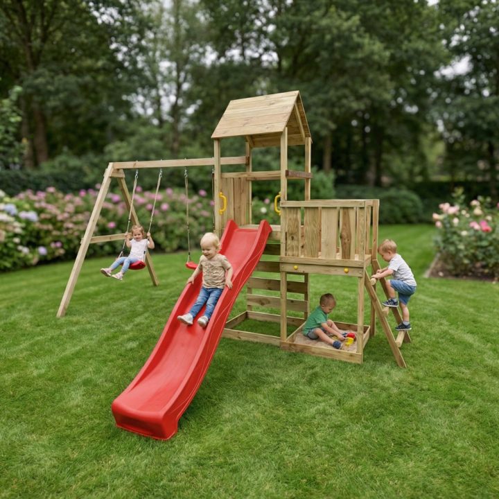 Juego de jardín de madera Maxplay 3.2 con tobogán rojo, torre, escalada y doble columpio