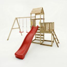 Juego de jardín de madera Maxplay 3.2 con tobogán rojo, torre, escalada y doble columpio