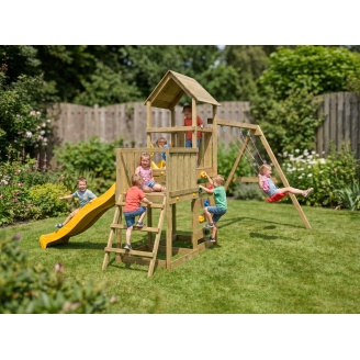 Juego de jardín de madera Maxplay 3.2 con tobogán amarillo, torre, escalada y doble columpio