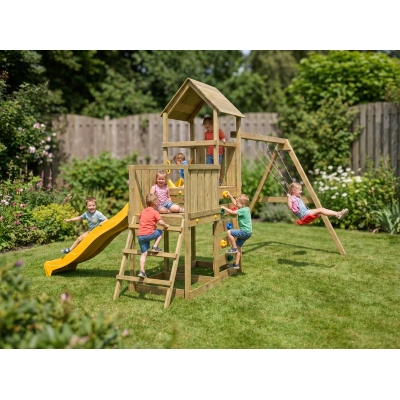 Juego de jardín de madera Maxplay 3.2 con tobogán amarillo, torre, escalada y doble columpio