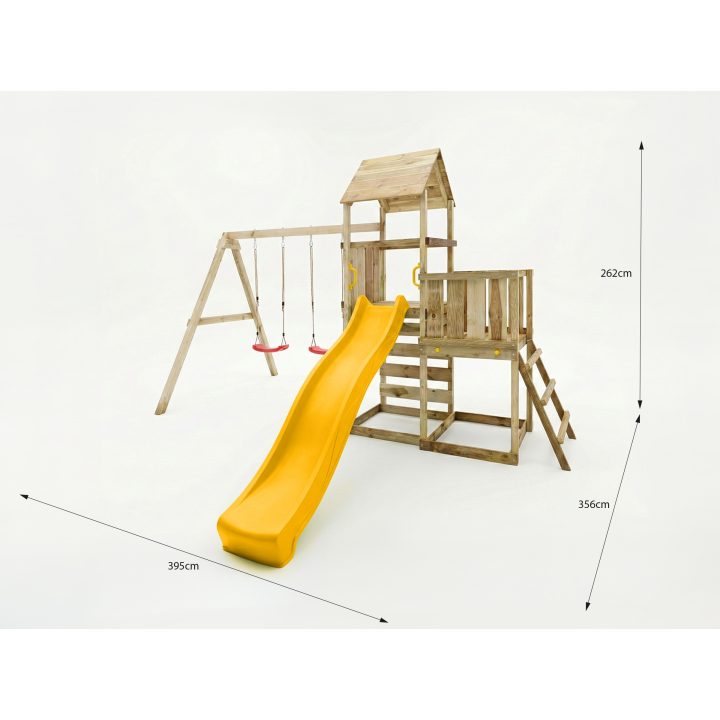 Juego de jardín de madera Maxplay 3.2 con tobogán amarillo, torre, escalada y doble columpio