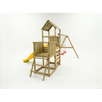 Juego de jardín de madera Maxplay 3.2 con tobogán amarillo, torre, escalada y doble columpio