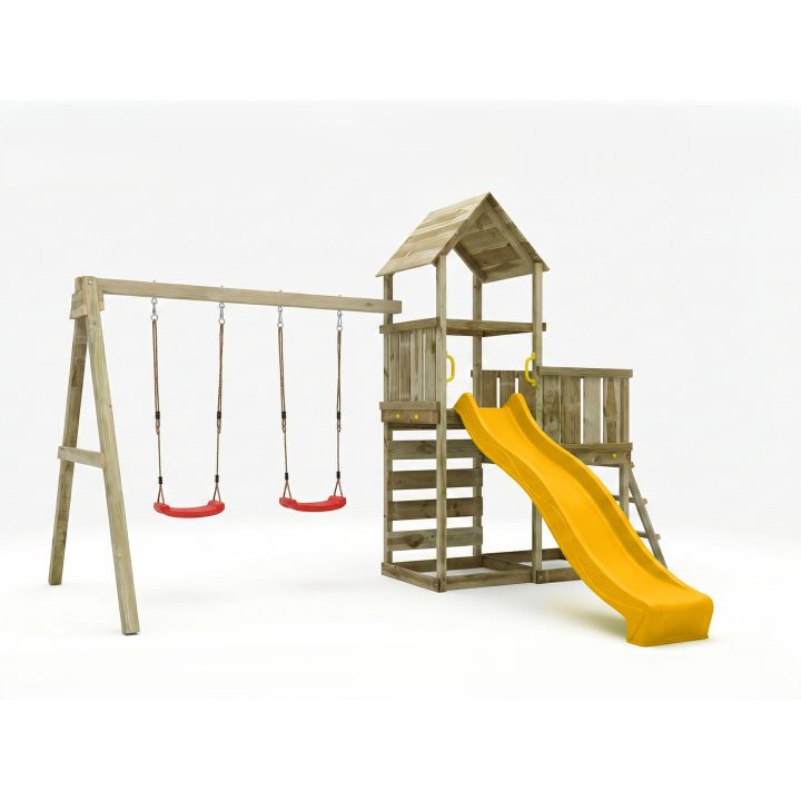 Juego de jardín de madera Maxplay 3.2 con tobogán amarillo, torre, escalada y doble columpio