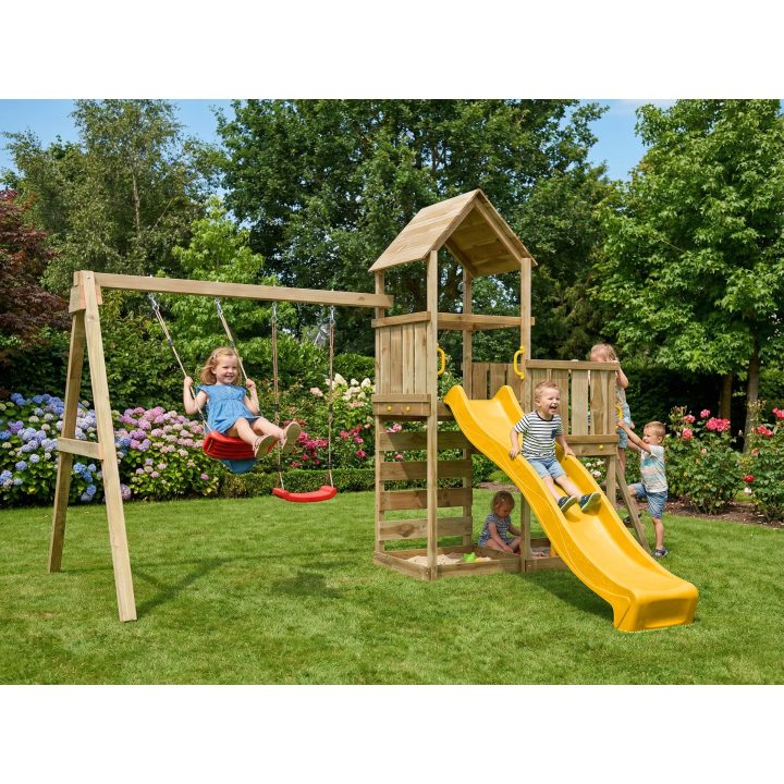 Juego de jardín de madera Maxplay 3.2 con tobogán amarillo, torre, escalada y doble columpio
