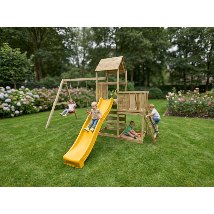 Juego de jardín de madera Maxplay 3.2 con tobogán amarillo, torre, escalada y doble columpio