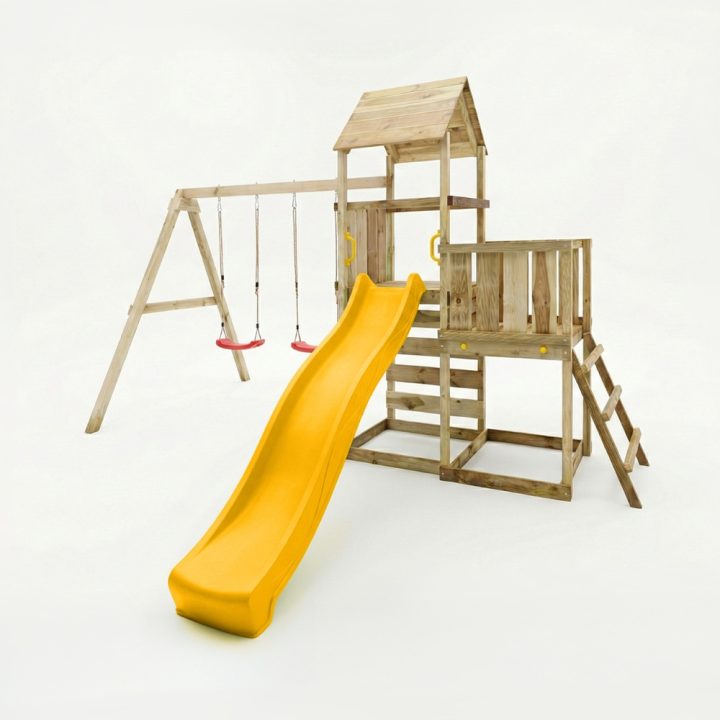 Juego de jardín de madera Maxplay 3.2 con tobogán amarillo, torre, escalada y doble columpio