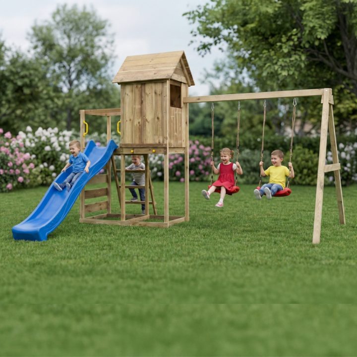 Casita elevada de madera Maxplay 5 con tobogán azul, doble columpio y escalada