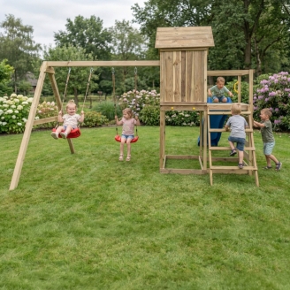 Casita elevada de madera Maxplay 5 con tobogán azul, doble columpio y escalada