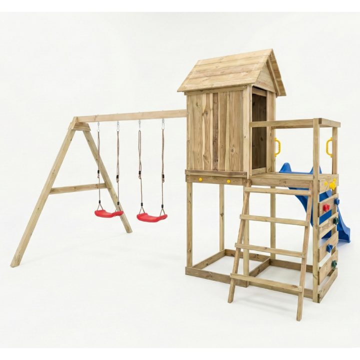 Casita elevada de madera Maxplay 5 con tobogán azul, doble columpio y escalada