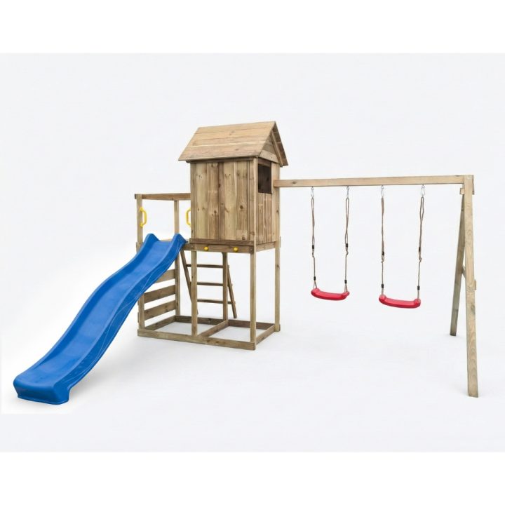 Casita elevada de madera Maxplay 5 con tobogán azul, doble columpio y escalada