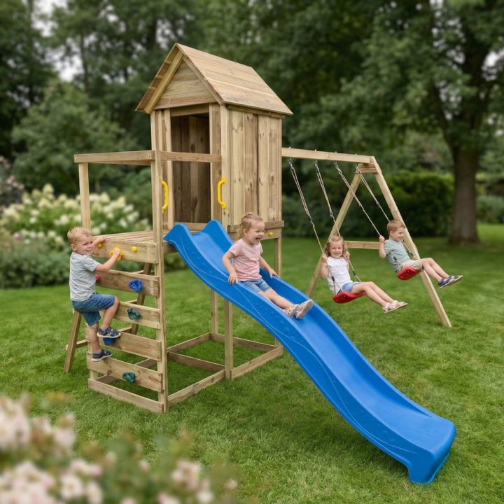Casita elevada de madera Maxplay 5 con tobogán azul, doble columpio y escalada