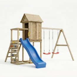 Casita elevada de madera Maxplay 5 con tobogán azul, doble columpio y escalada