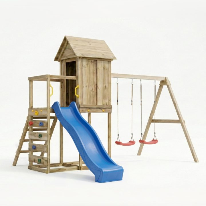 Casita elevada de madera Maxplay 5 con tobogán azul, doble columpio y escalada