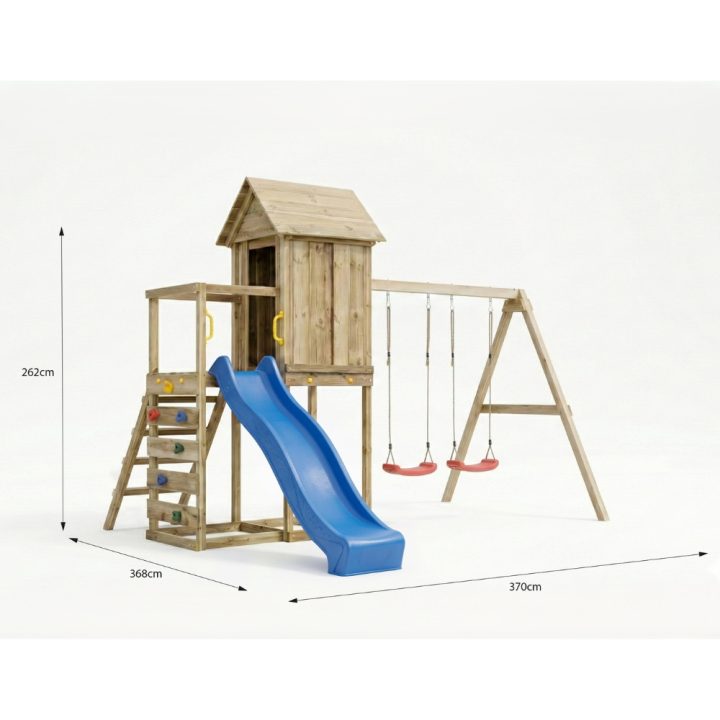 Casita elevada de madera Maxplay 5 con tobogán azul, doble columpio y escalada