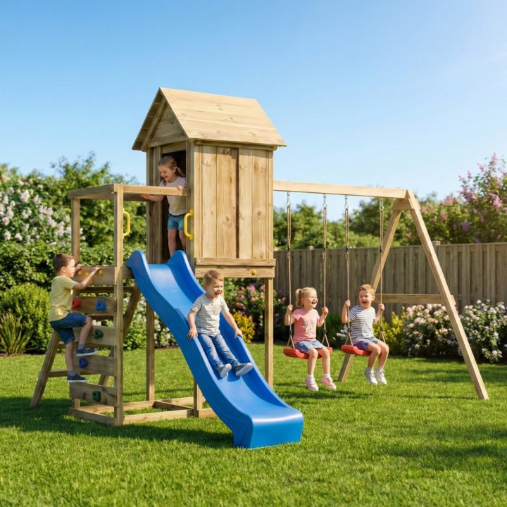Casita elevada de madera Maxplay 5 con tobogán azul, doble columpio y escalada