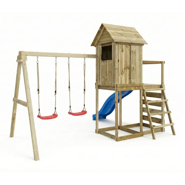 Casita elevada de madera Maxplay 5 con tobogán azul, doble columpio y escalada