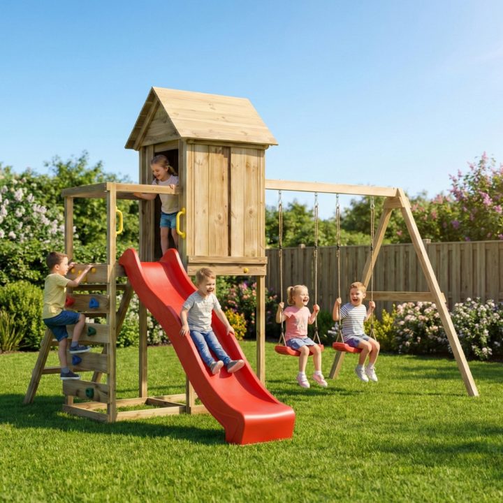 Casita elevada de madera Maxplay 5 con tobogán rojo, doble columpio y escalada