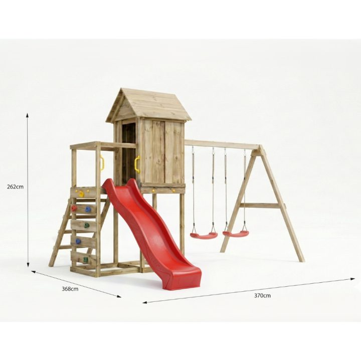 Casita elevada de madera Maxplay 5 con tobogán rojo, doble columpio y escalada