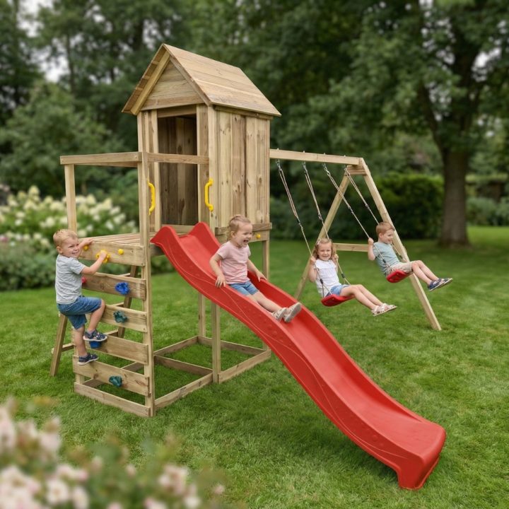 Casita elevada de madera Maxplay 5 con tobogán rojo, doble columpio y escalada