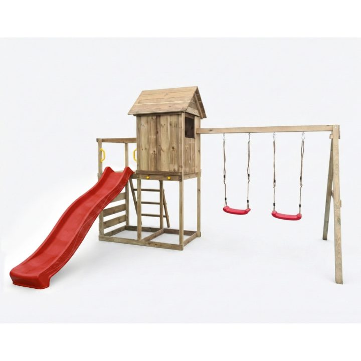 Casita elevada de madera Maxplay 5 con tobogán rojo, doble columpio y escalada