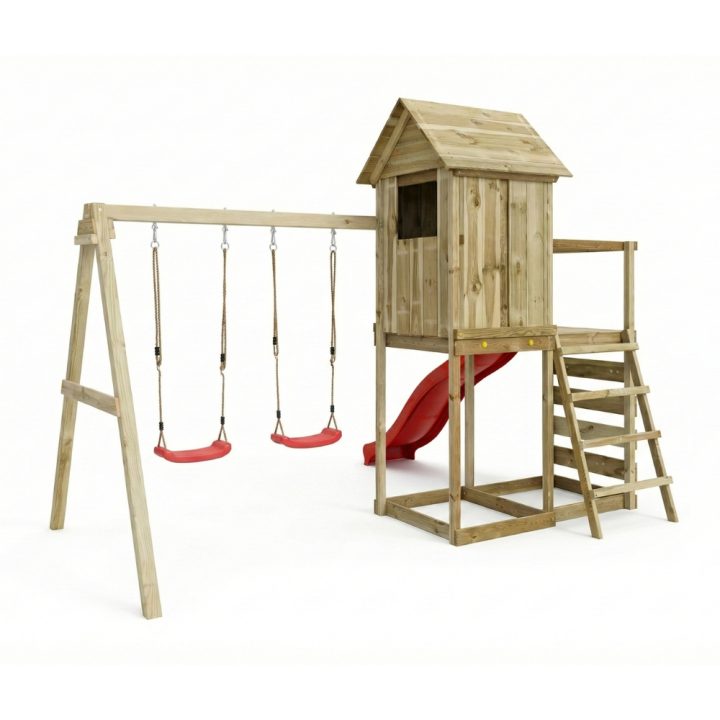 Casita elevada de madera Maxplay 5 con tobogán rojo, doble columpio y escalada