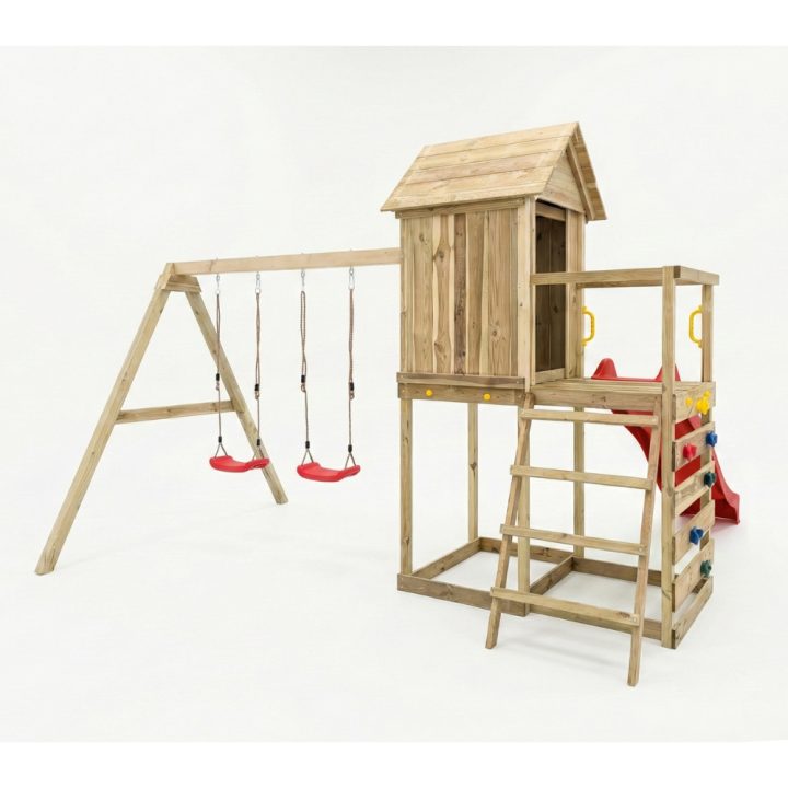 Casita elevada de madera Maxplay 5 con tobogán rojo, doble columpio y escalada