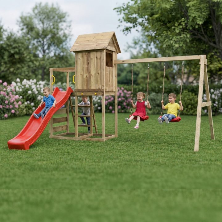 Casita elevada de madera Maxplay 5 con tobogán rojo, doble columpio y escalada