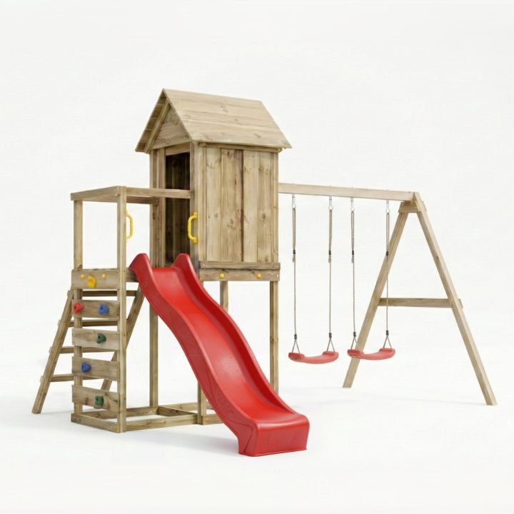 Casita elevada de madera Maxplay 5 con tobogán rojo, doble columpio y escalada