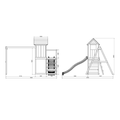 Casita elevada de madera Maxplay 5 con tobogán amarillo, doble columpio y escalada