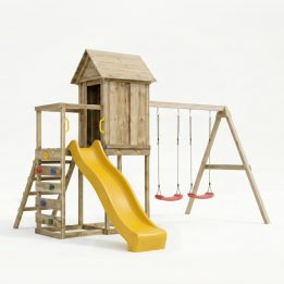 Casita elevada de madera Maxplay 5 con tobogán amarillo, doble columpio y escalada