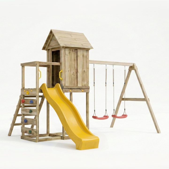 Casita elevada de madera Maxplay 5 con tobogán amarillo, doble columpio y escalada