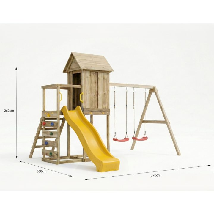 Casita elevada de madera Maxplay 5 con tobogán amarillo, doble columpio y escalada