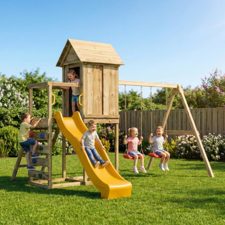 Casita elevada de madera Maxplay 5 con tobogán amarillo, doble columpio y escalada