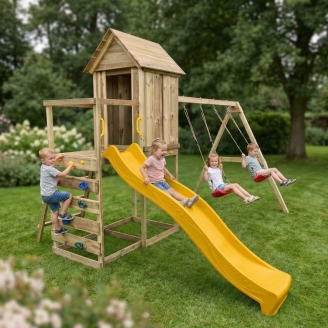 Casita elevada de madera Maxplay 5 con tobogán amarillo, doble columpio y escalada