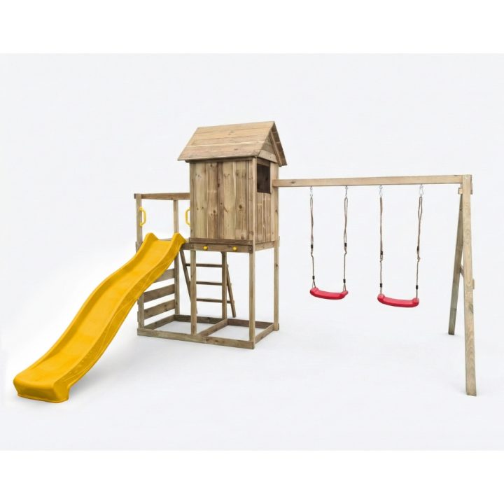 Casita elevada de madera Maxplay 5 con tobogán amarillo, doble columpio y escalada