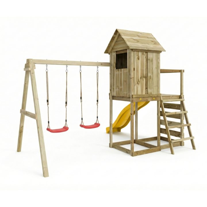 Casita elevada de madera Maxplay 5 con tobogán amarillo, doble columpio y escalada