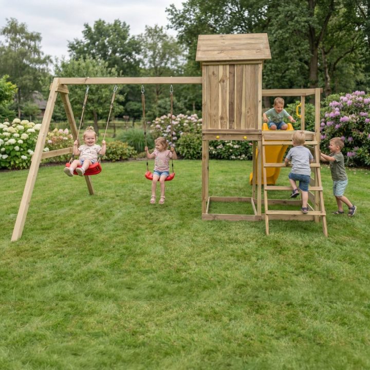 Casita elevada de madera Maxplay 5 con tobogán amarillo, doble columpio y escalada